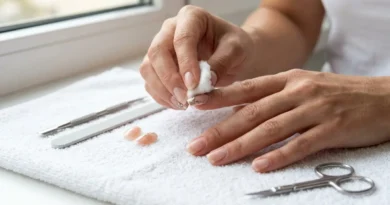 Mulher removendo unha postiça cuidadosamente para preservar as unhas naturais.
