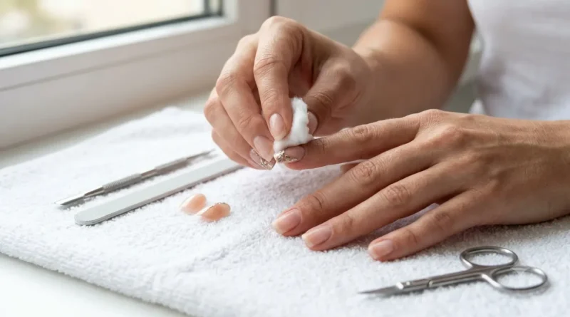 Mulher removendo unha postiça cuidadosamente para preservar as unhas naturais.