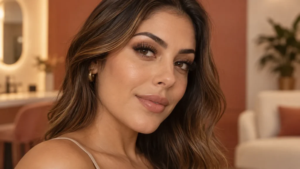 Mulher negra com extensão de cílios de volume médio e sombra bronze