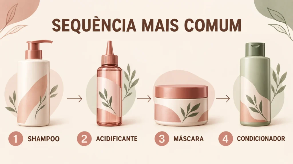 Ordem mais comum de uso do shampoo, acidificante, máscara e condicionador