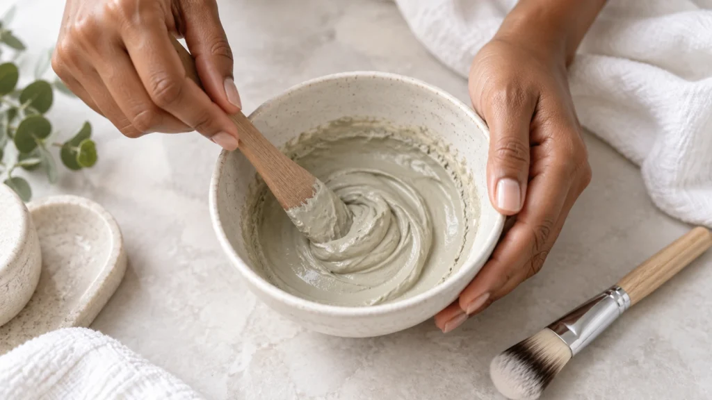 Preparo de máscara facial de argila em recipiente de cerâmica.