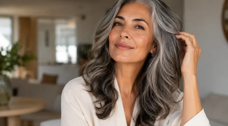 mulher brasileira com cabelo grisalho natural e brilhante