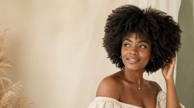 Mulher brasileira com cabelo crespo natural e volumoso representando as curvaturas 4A, 4B e 4C