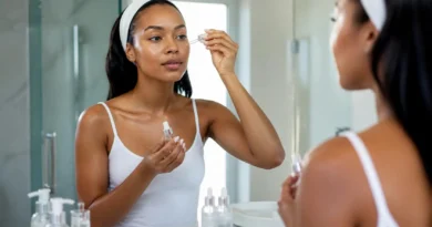Mulher negra aplicando sérum com ácido mandélico durante a rotina de skincare.
