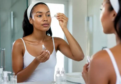 Ácido mandélico para pele negra: benefícios, como usar e principais cuidados Mulher negra aplicando sérum com ácido mandélico durante a rotina de skincare.
