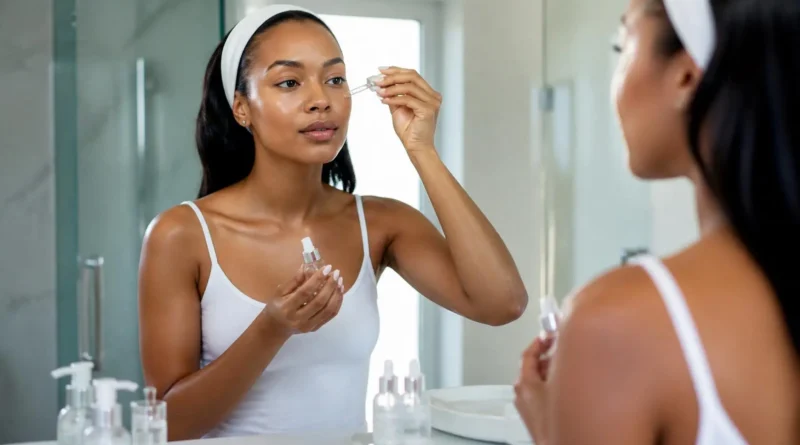 Mulher negra aplicando sérum com ácido mandélico durante a rotina de skincare.
