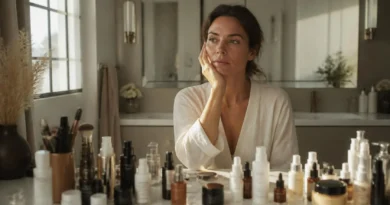 Mulher diante de produtos de beleza refletindo sobre o excesso na rotina de cuidados