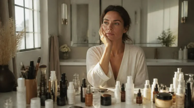 Mulher diante de produtos de beleza refletindo sobre o excesso na rotina de cuidados