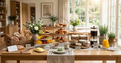 Buffet de café da manhã organizado com pães, frutas, bebidas e louças em bancada decorada