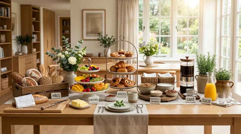 Buffet de café da manhã organizado com pães, frutas, bebidas e louças em bancada decorada