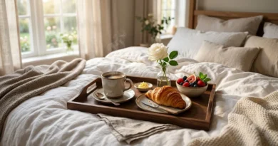 Bandeja de café da manhã na cama com frutas, café e flores em ambiente aconchegante