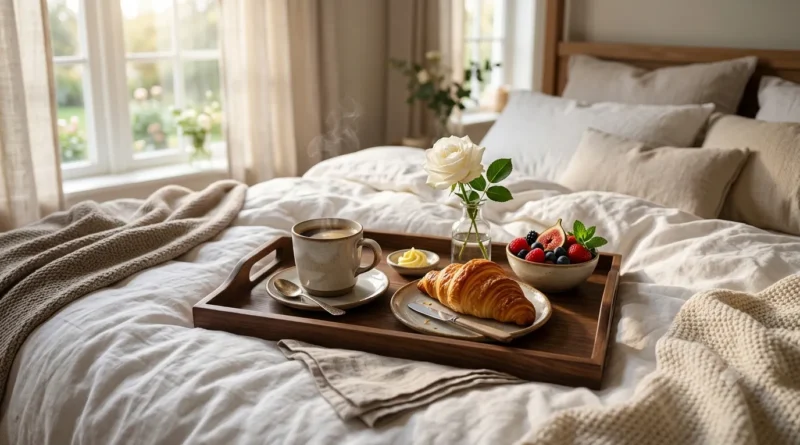 Café da manhã na cama: como preparar uma surpresa romântica e aconchegante Bandeja de café da manhã na cama com frutas, café e flores em ambiente aconchegante