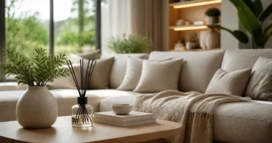 Sala de estar elegante e bem iluminada com difusor de aromas, representando uma casa com cheiro de hotel.