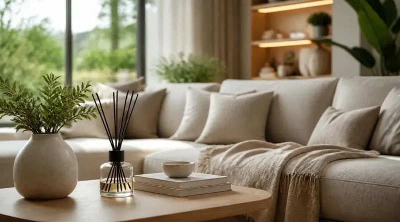 Como deixar a casa com cheiro de hotel: 4 hábitos simples que fazem toda a diferença Sala de estar elegante e bem iluminada com difusor de aromas, representando uma casa com cheiro de hotel.