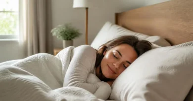 Mulher dormindo tranquilamente em um quarto confortável após criar hábitos para melhorar a qualidade do sono