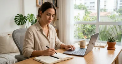 Pessoa organizando tarefas em uma mesa de trabalho para evitar a procrastinação e melhorar o foco