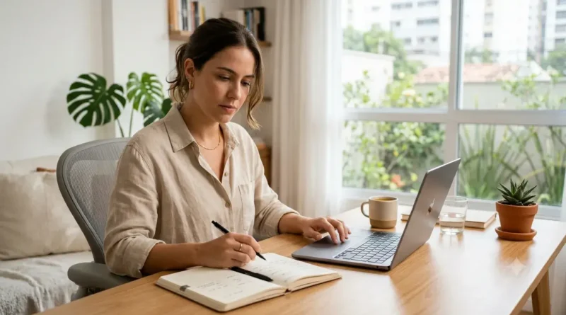 Pessoa organizando tarefas em uma mesa de trabalho para evitar a procrastinação e melhorar o foco