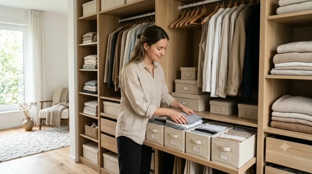 Pessoa organizando roupas no guarda-roupa utilizando caixas organizadoras e divisórias.
