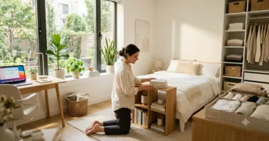 Mulher organizando um quarto moderno e iluminado para criar um ambiente mais produtivo, tranquilo e organizado.