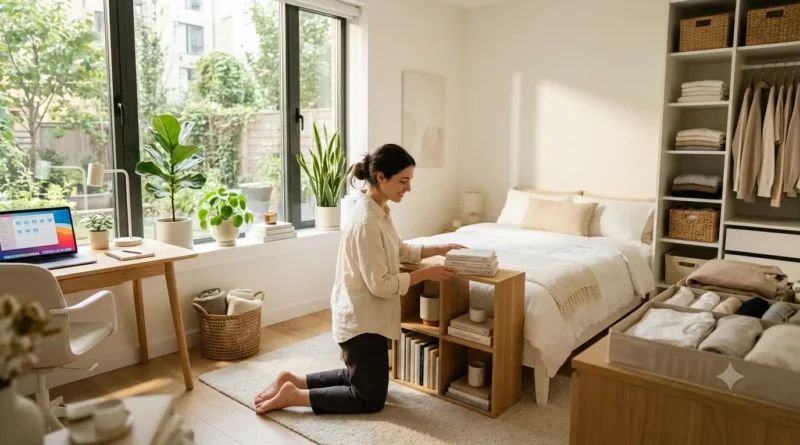 Mulher organizando um quarto moderno e iluminado para criar um ambiente mais produtivo, tranquilo e organizado.