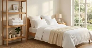 Roupas de cama e toalhas limpas e perfumadas organizadas em quarto aconchegante