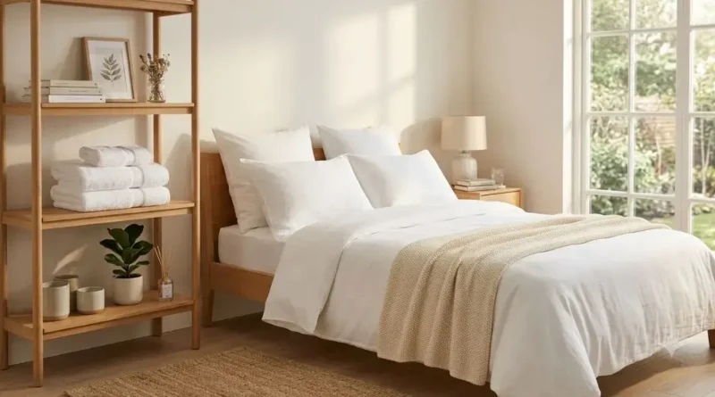 Roupas de cama e toalhas limpas e perfumadas organizadas em quarto aconchegante