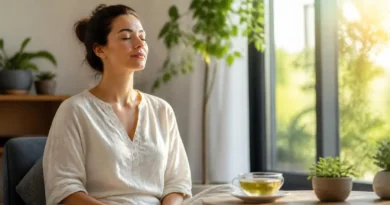 Mulher praticando respiração consciente perto de uma janela para reduzir a ansiedade naturalmente em um ambiente calmo e iluminado.