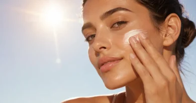 Mulher aplicando protetor solar no rosto para ilustrar a diferença entre proteção UVA, UVB e luz visível.