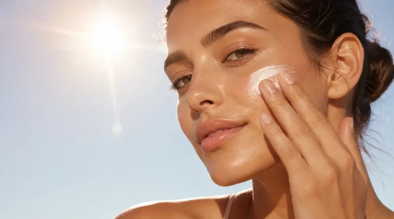 Mulher aplicando protetor solar no rosto para ilustrar a diferença entre proteção UVA, UVB e luz visível.