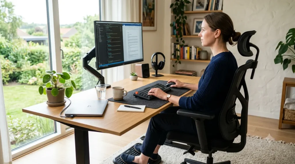 Pessoa trabalhando em home office com postura correta, cadeira ergonômica e monitor na altura dos olhos
