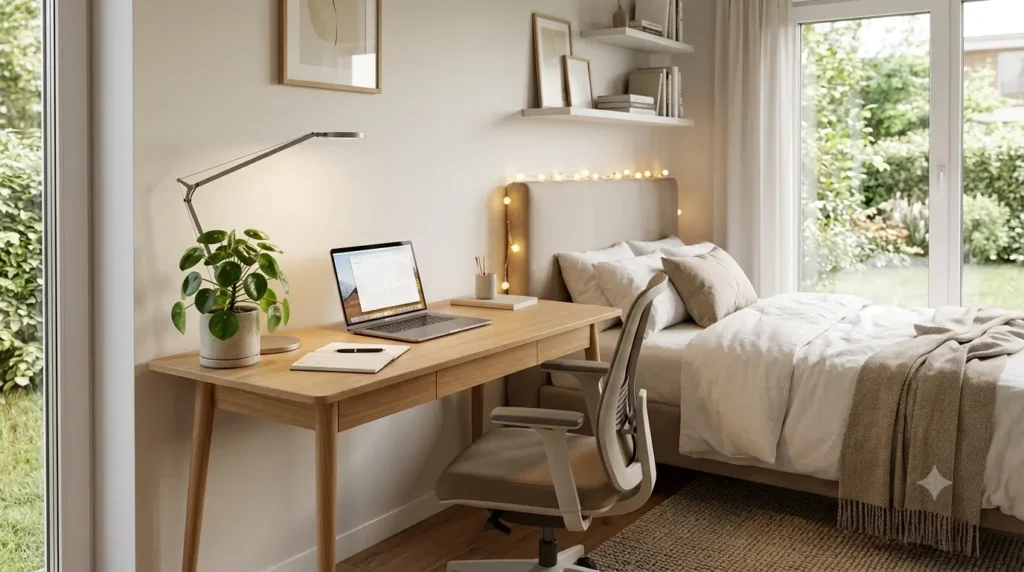 Escrivaninha organizada com notebook, luminária, agenda e decoração minimalista.
