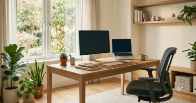 Home office confortável com mesa organizada, cadeira ergonômica e iluminação natural