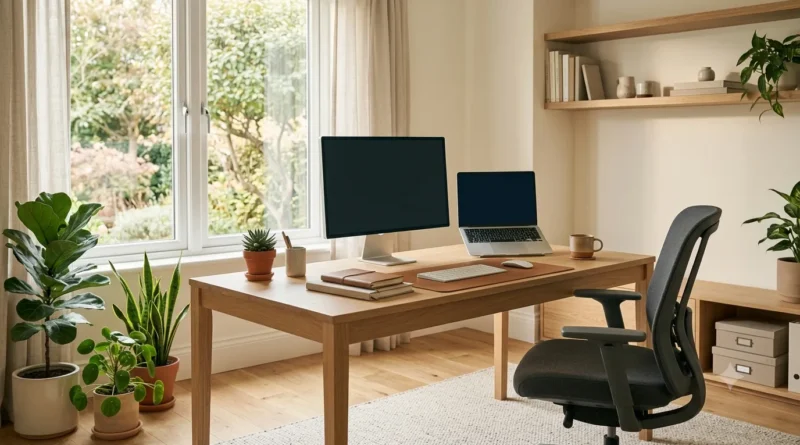 Home office confortável com mesa organizada, cadeira ergonômica e iluminação natural