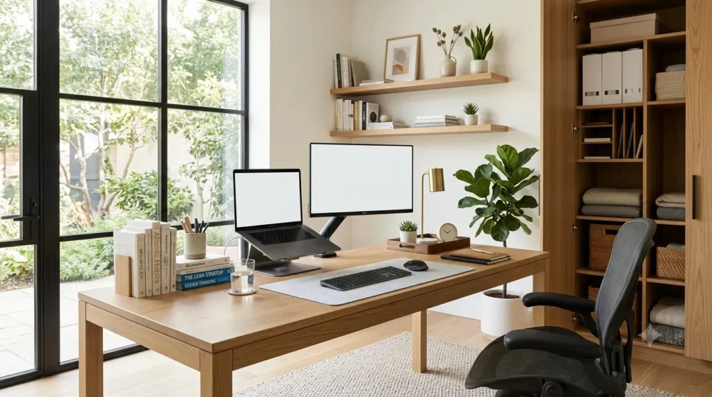 Home office organizado com iluminação natural, plantas e mesa funcional para aumentar produtividade
