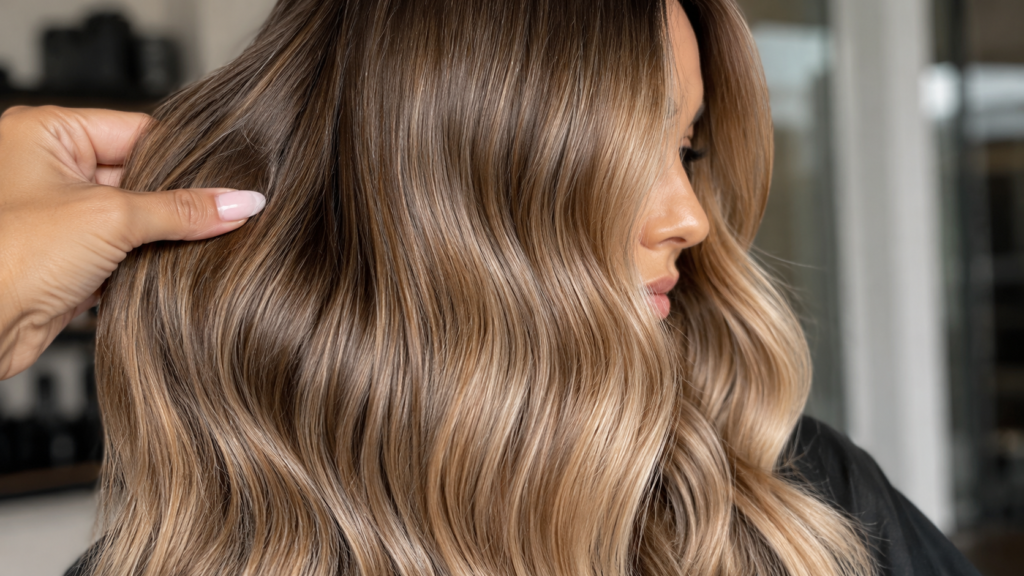 Detalhes do loiro suede com nuances bege e mechas suaves