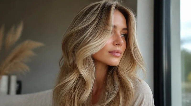 Loiro suede com nuances bege e douradas suaves em cabelo feminino iluminado pela luz natural