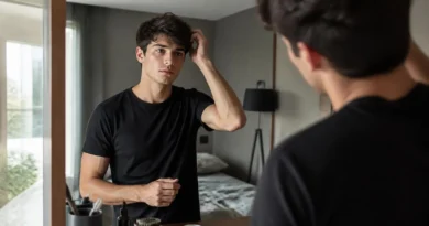 Jovem cuidando da aparência diante do espelho em uma rotina de autocuidado masculino