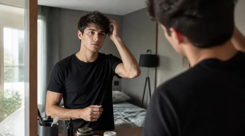 Jovem cuidando da aparência diante do espelho em uma rotina de autocuidado masculino