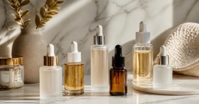 Séruns faciais indicados para pele negra organizados sobre uma bancada de skincare.