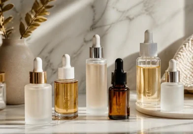 Os 9 melhores séruns para pele negra em 2026: opções para uniformizar o tom, tratar manchas e cuidar da pele Séruns faciais indicados para pele negra organizados sobre uma bancada de skincare.