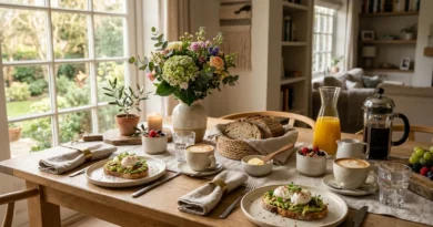 Mesa posta de café da manhã com louças, flores e decoração elegante em ambiente aconchegante