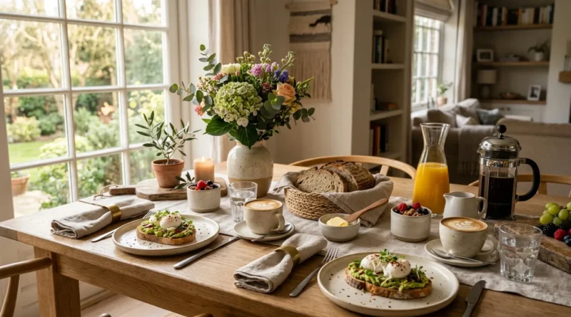 Mesa posta de café da manhã com louças, flores e decoração elegante em ambiente aconchegante