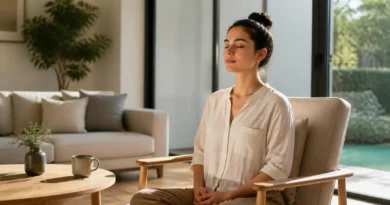 Mulher praticando mindfulness para iniciantes em casa durante cinco minutos em um ambiente tranquilo e iluminado naturalmente.