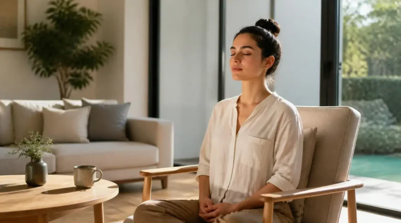 Mindfulness para iniciantes: o hábito de 5 minutos que pode transformar seus dias Mulher praticando mindfulness para iniciantes em casa durante cinco minutos em um ambiente tranquilo e iluminado naturalmente.