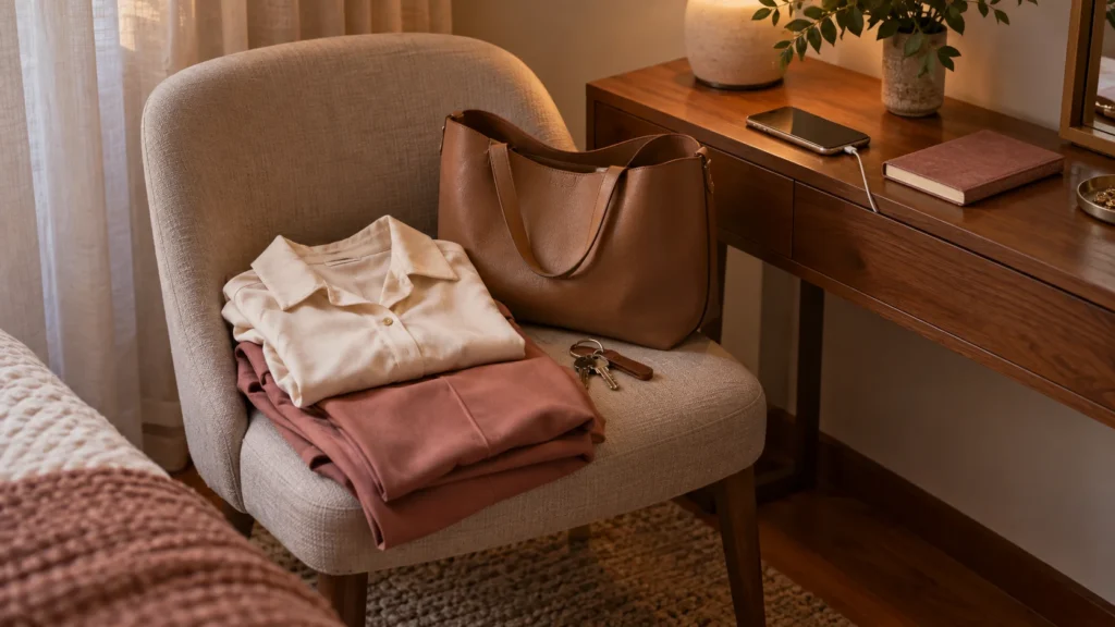roupa, bolsa e objetos essenciais preparados para a manhã de segunda-feira