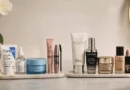 Produtos de farmácia tão bons quanto os de grife organizados sobre uma bancada de skincare e maquiagem.