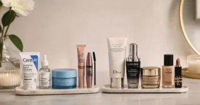 Produtos de farmácia tão bons quanto os de grife organizados sobre uma bancada de skincare e maquiagem.