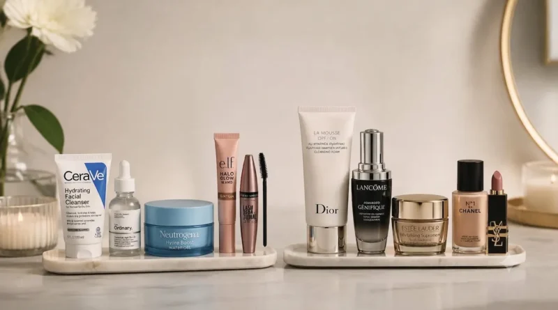 Produtos de farmácia tão bons quanto os de grife organizados sobre uma bancada de skincare e maquiagem.