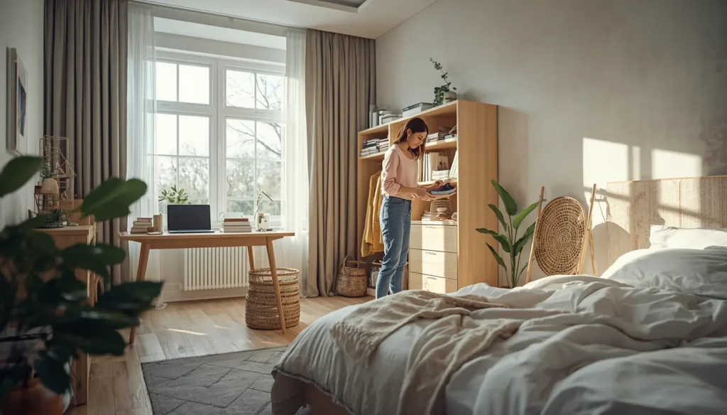 Quarto organizado com decoração minimalista, iluminação natural e ambiente confortável para descansar e trabalhar.
