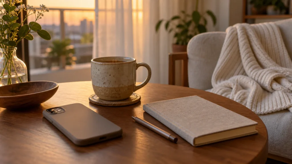 Pequenos hábitos para desacelerar quando o dia parece intenso celular virado para baixo, caderno e xícara compondo um ritual tranquilo de fim de dia